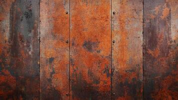 Abstract close-up of distressed, weathered panels, textured with heavy rust and decay. The panels are joined with rivets, exhibiting wear. photo