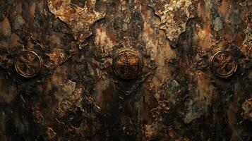 Earthy textured background with decorative circular motifs. Bronze and brown tones create a rustic, aged appearance. Abstract stone surface. photo