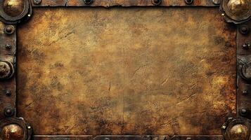 An aged metallic frame with a weathered texture surrounds a bronze-toned center, exhibiting signs of oxidation and age, perfect for background. photo