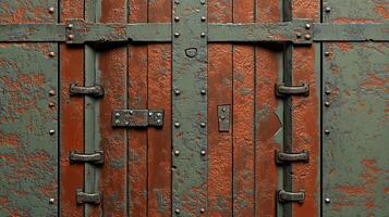 Rusting metal door with textured panels, rivets, hinges, and a broken part conveys age, neglect, and industrial decay. Texture focused. photo