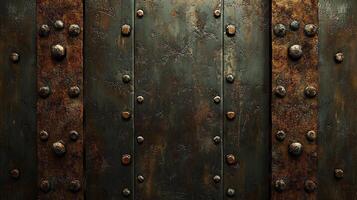 Rusty, weathered metal surface with bolts. Dark industrial texture background. Heavy, grunge design for vintage or steampunk themes. photo