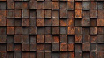 A grid of rusted, square blocks creates an abstract textured surface. The weathered look adds depth and visual interest to the structure. photo