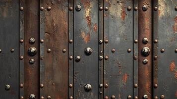 Detailed, aged metal surface with rustic oxidation patterns and robust rivet details, highlighting textures of weathered metal. photo
