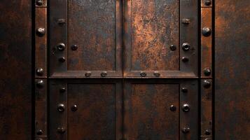 Close-up of a rusted metal door, possibly leading to a vault or dungeon, evoking a sense of age and decay. Rivets and oxidation. photo