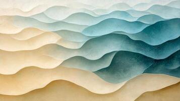 Abstract waves of sand and sea create a soothing gradient effect, moving from warm beige to cool blues in a textured, rhythmic design. photo