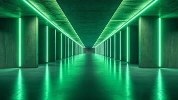 Abstract, architectural perspective of a long hall featuring bright green neon lights lining the walls and ceiling, creating a luminous pathway. photo