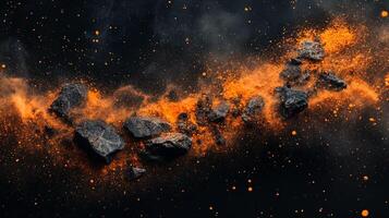 Rocks surrounded by colorful powder. Abstract image with dark background. Explosion of pigment, stone fragments and dust particles. photo