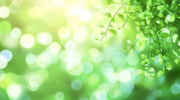 Lush green leaves shimmer in a soft, sun-dappled forest. The scene evokes freshness, growth, and the gentle beauty of nature in spring. photo