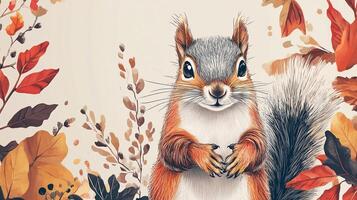 Adorable squirrel illustration surrounded by autumnal leaves and branches, perfect for seasonal designs. A heartwarming fall animal theme. photo