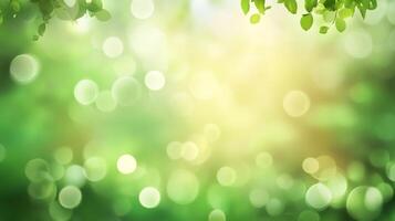 Lush green bokeh with leaves in the corner, capturing the essence of spring and nature's gentle beauty in an abstract ethereal style. photo