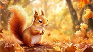 Whimsical woodland scene featuring an adorable squirrel in the warm, golden light of autumn, bringing the season to life. photo