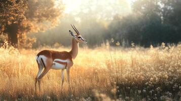 Graceful antelope stands in a sunlit meadow, its horns reaching toward the sky, a picture of wild beauty in a natural habitat. photo