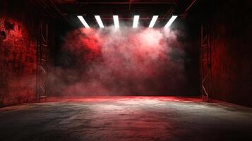 Illuminated stage shrouded in red mist, creates a captivating atmosphere. Lights accentuate the scene, highlighting the floor's texture. photo