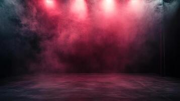 Mystical red spotlight in a smoky atmosphere. Dark stage with vibrant red and deep shadows. An enigmatic scene for creative expression. photo