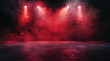 A dramatic stage is bathed in red light and swirling smoke. A mysterious atmosphere for a performance or a dramatic event. photo