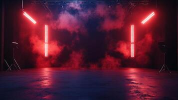 Moody stage with atmospheric lighting and haze, casting dramatic shadows, ideal for performance or event backdrops. photo