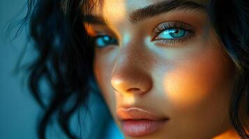 Intense gaze of a woman with striking blue eyes, illuminated by a vibrant glow. She is the picture of beauty and poise. photo