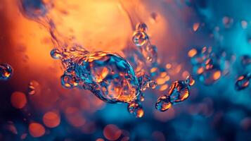 Abstract water bubbles with warm and cool lighting, creating a dynamic and mesmerizing visual display with orange and blue color contrast. photo