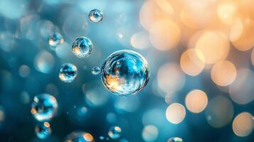 Floating water bubbles with a blurred, ethereal background create a sense of wonder and tranquility. The colors blend with the light. photo