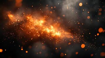 A mesmerizing display of fiery particles suspended in smoky darkness, creating an ethereal and dynamic visual experience. photo