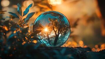 Crystal ball reflecting sunlight through trees, surrounded by leaves, captures nature's essence in a mesmerizing and delicate scene. photo