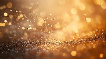 Golden abstract glittering background with bokeh effects. Dreamy, warm, and inviting, perfect for elegant designs and festive occasions. photo