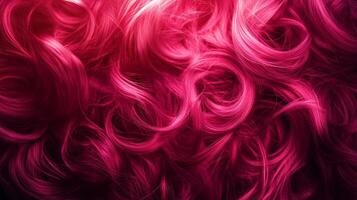 A vibrant display of deeply pigmented, curled hair, showcasing rich tones from bright magenta to deep burgundy in a swirling pattern. photo