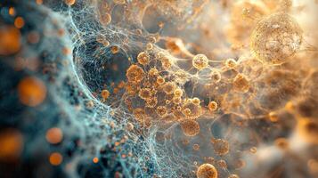An abstract network of interconnected spheres glows with golden and blue light, suggesting a microscopic or celestial scale discovery. photo