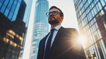 Confident businessman stands tall in a suit and glasses, gazing upwards against a backdrop of modern skyscrapers and gleaming sunlight. photo