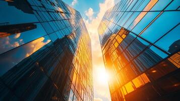 Modern glass skyscrapers reach for the sky, reflecting clouds and sunlight. Architecture showcasing design and a vibrant urban scene. photo