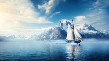 Sailing through serene waters with snowy mountains providing a breathtaking backdrop. Tranquil waters and open skies amplify beauty. photo