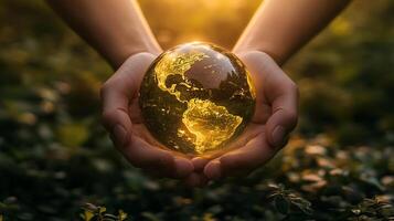 Illuminated globe held gently. Symbolizing the Earth's fragility and the importance of environmental care. A hopeful message. photo