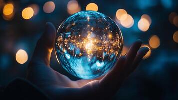 Glowing orb held in a hand reflects a dazzling cityscape, sparkling against a dark background of bokeh lights. Mysterious and captivating. photo