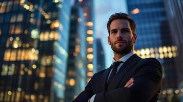 Confident businessman in city. Sharp suit, determined look, urban backdrop. Success in business. Modern, sharp, and assertive. photo