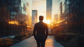 A man in a suit walks towards the rising sun between modern buildings, symbolizing ambition, career success and confidence. photo