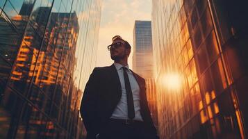 Confident business professional in city center. Eye-catching perspective amidst gleaming buildings on a bright, sunny day. photo