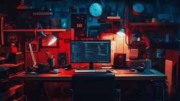 Dimly lit computer setup with code on screen, desk lamps, speakers, shelves, and clocks, creating a cozy coding or gaming vibe. photo
