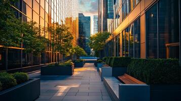 Urban garden oasis amidst skyscrapers. Serene walkway bordered by lush greenery and modern benches in city center for tranquil moment. photo