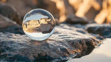 Crystalline sphere reflecting a sunlit landscape with rocky formations, set against a backdrop of an open sky and serene environment. photo