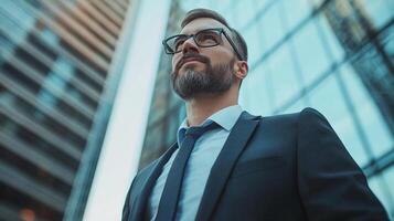 Ambitious businessman in suit looks toward future, standing before modern architecture, symbolizing success and aspiration. photo