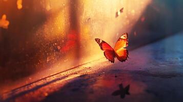 A vibrant butterfly, bathed in golden light, rests near a window with other butterflies around. photo