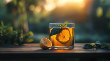 Refreshing drink with lemon and mint on wooden table, backlit by golden sunlight. A simple and elegant natural refreshment. photo