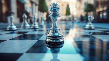Silver pawn on a chessboard stands out, reflecting the surroundings with blurred figures in the background. Strategy and focus displayed. photo