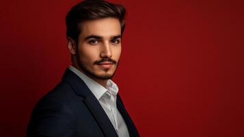 A sophisticated man in a suit against a vivid red backdrop exudes elegance and confidence with his poised look and stylish attire. A strong presence. photo