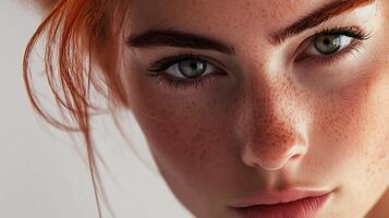 Close-up of a woman's face with freckles, red hair, and striking green eyes. Intimate portrait showcasing natural beauty and skin texture. photo