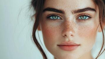 Close-up portrait of a woman with freckles and striking blue eyes, radiating natural beauty and a serene expression. photo