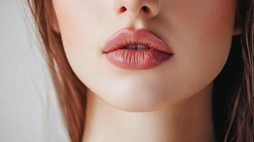 Close up of a woman's face, featuring her luscious, lightly glossed lips with a soft pink color, highlighting her natural beauty. photo