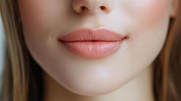 Close-up of a woman's face featuring her lips, nose and cheeks. The image showcases facial features in a bright, clean aesthetic. photo