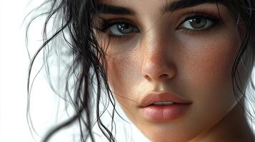 Close-up of a woman's face with striking eyes, dewy skin, and dark, slightly tousled hair creating a captivating and intimate portrait. photo