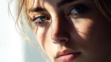 Sun-kissed skin and mesmerizing eyes, a portrait that captures raw beauty and the interplay of light and shadow. Ethereal, captivating gaze. photo